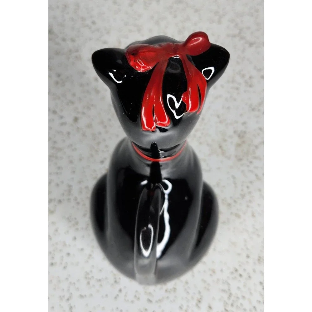 Shafford Japan Redware Black Cat Red Bow Sake Cruet Bottle Vintage HTF Rare
